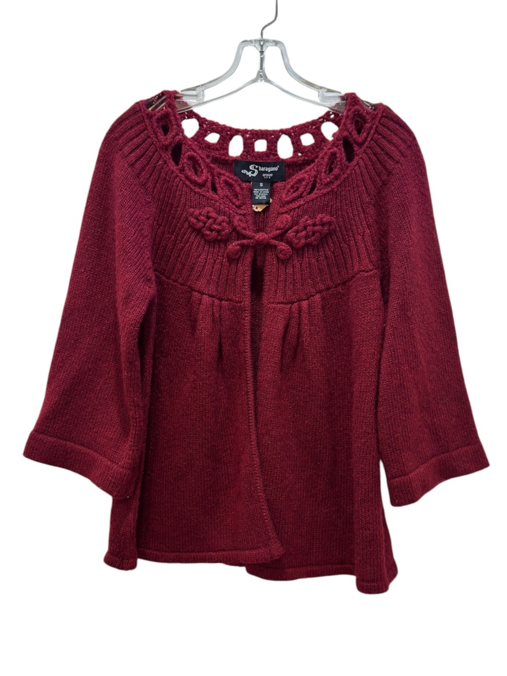 Sharagano Burgundy Red Open-Front Knit Sweater 3/4 Wide Sleeve Cardigan